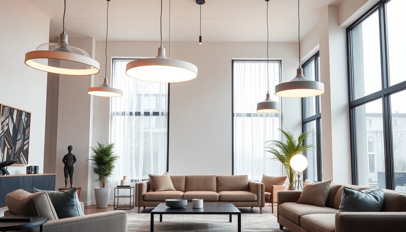 Shop ModernLighting fixtures enhancing a chic living room, radiating natural warmth and elegance.