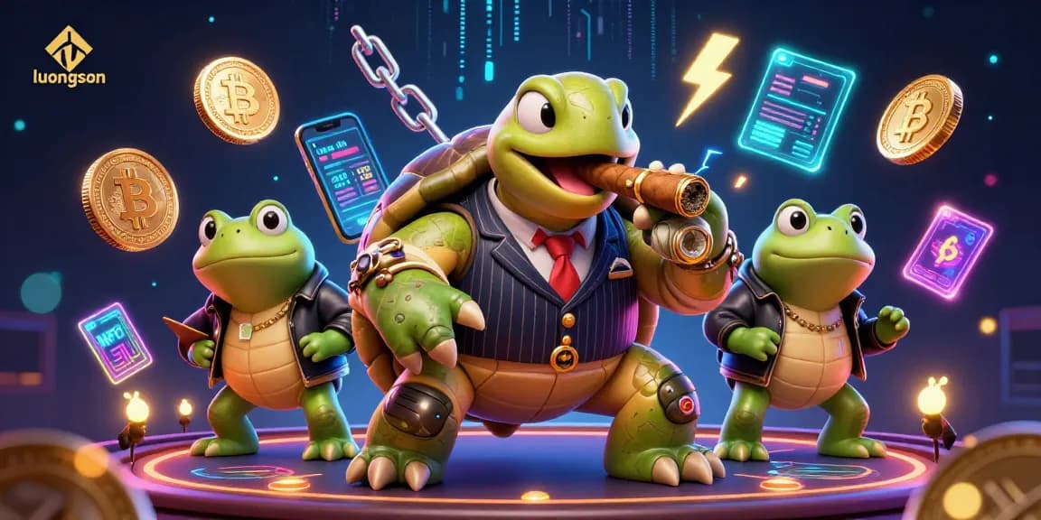 Engage with luongson and enjoy crypto-themed gambling fun with vibrant 3D characters and neon elements.