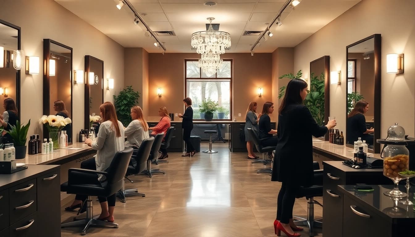 Hair salons San Diego - Omnia Salon showcasing a modern, inviting interior with clients and stylists in action.