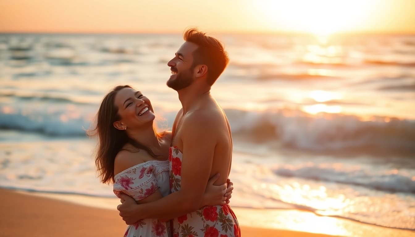 Destination photographer capturing joyful couple on a sunset beach, highlighting romance.