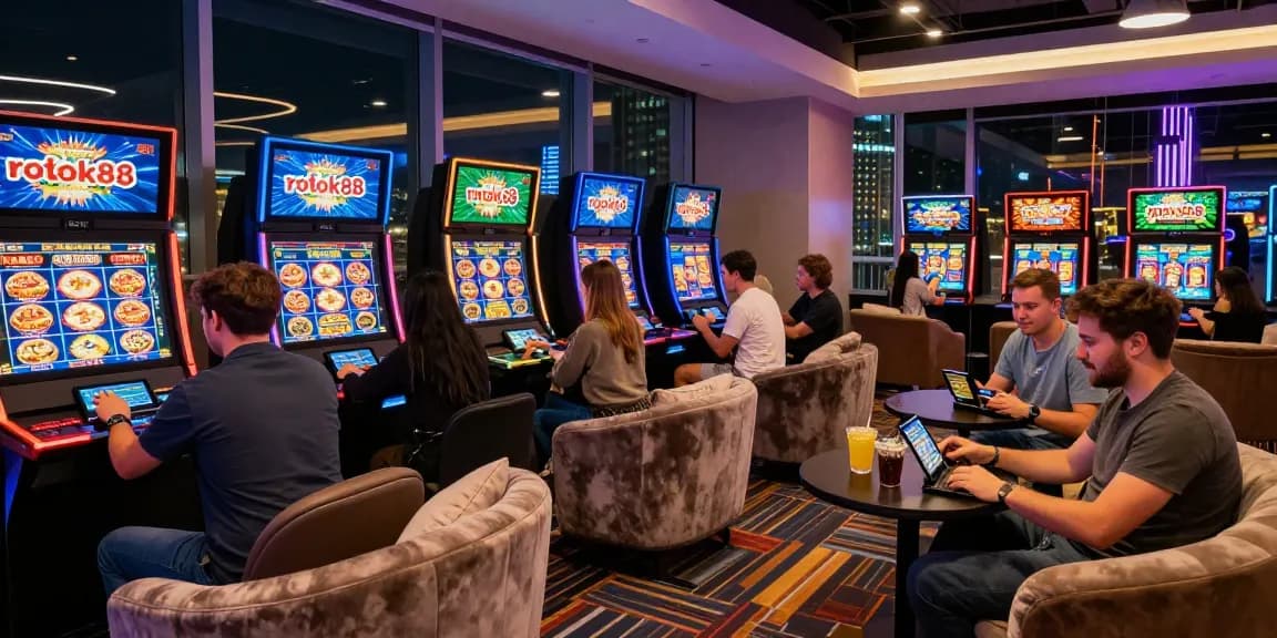 Exciting gaming atmosphere with friends enjoying rokok88 slots in a modern lounge.