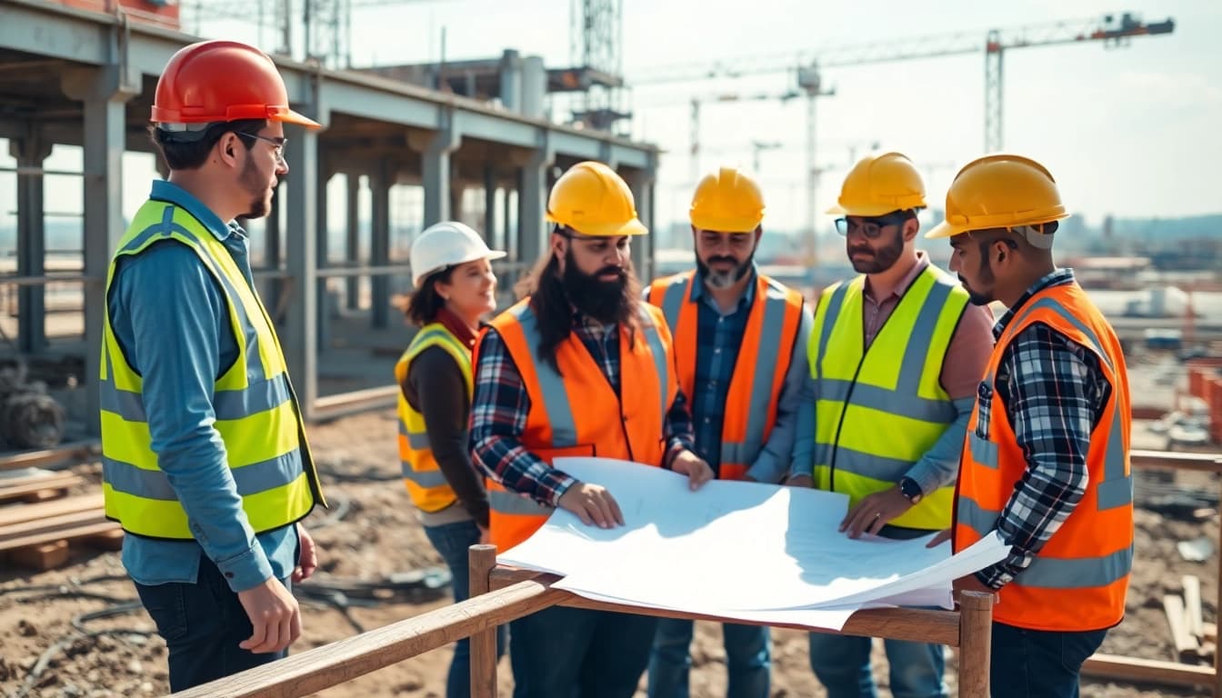 New Jersey Commercial General Contractor managing a construction project with diverse teams collaborating.