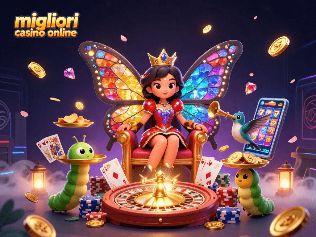 I migliori casino online presentano la regina delle farfalle con i suoi servitori mentre volano gettoni e luci scintillanti.