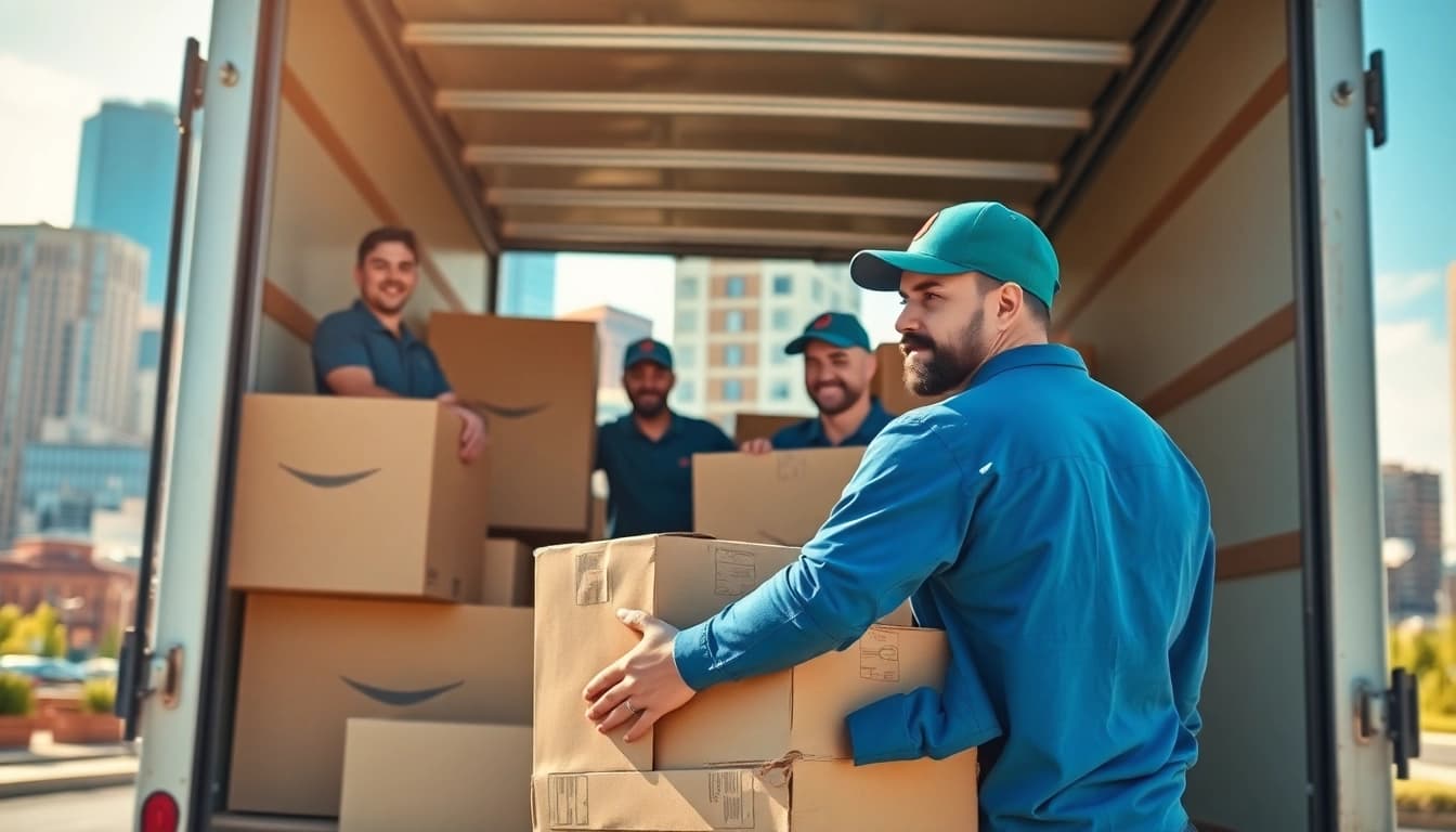 Calgary movers efficiently packing a moving truck against Calgary skyline.
