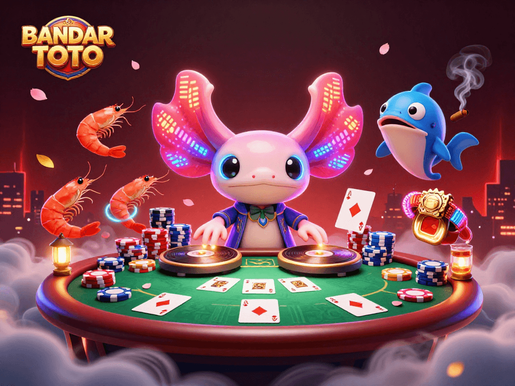 Engage in exhilarating action with BANDAR TOTO, featuring a lively scene of gaming elements and characters.