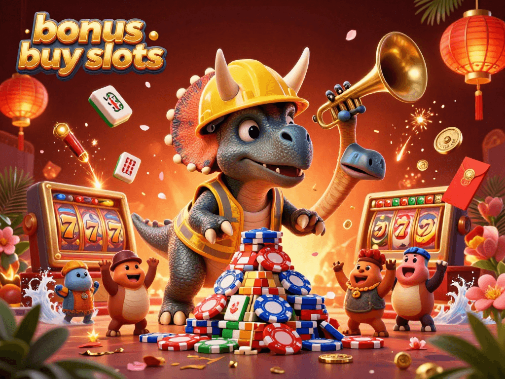 Cheerful scene celebrating bonus buy slots with cartoon dinosaurs and festive casino elements