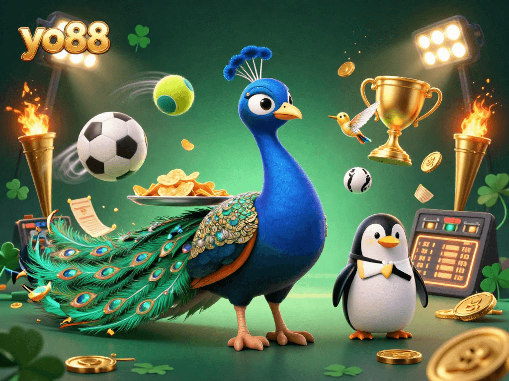 Experience thrill with yo88 at a vibrant casino scene, highlighting a peacock and dynamic sports elements.