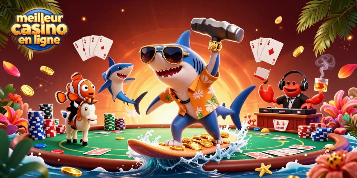 Jouer au meilleur casino en ligne avec un requin cartoon et des éléments de poker colorés.