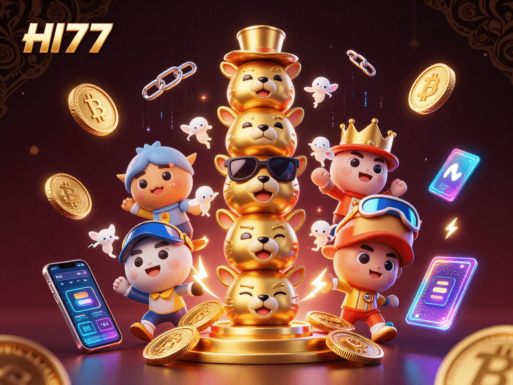 Experience the excitement of HI77 through a vibrant 3D casino scene filled with colorful game elements.