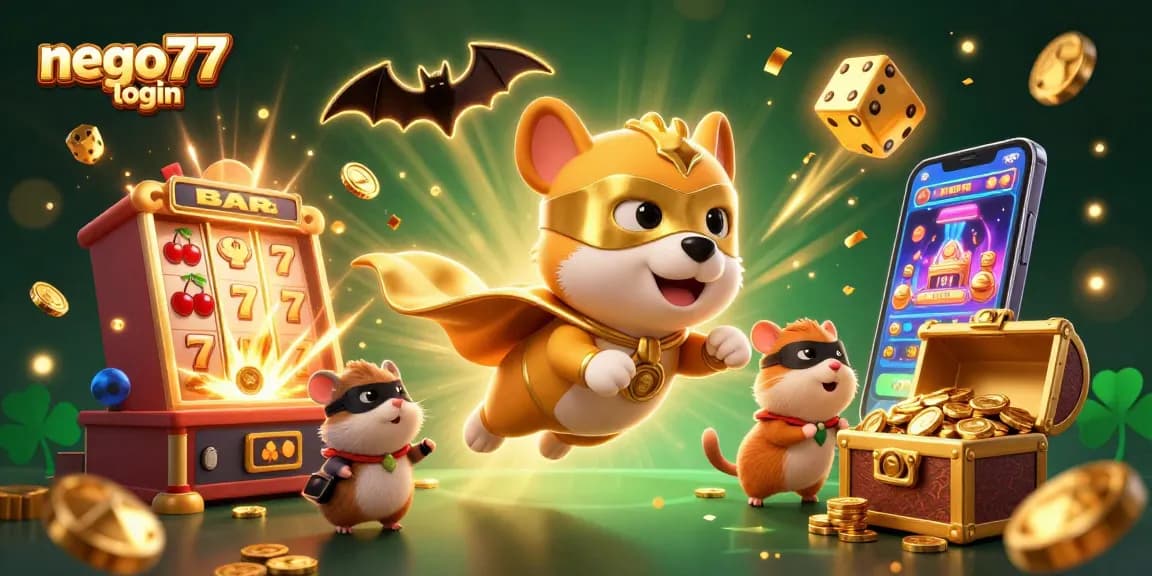 Engage with exciting games on nego77 login, featuring a superhero dog with gold coins and casino fun!