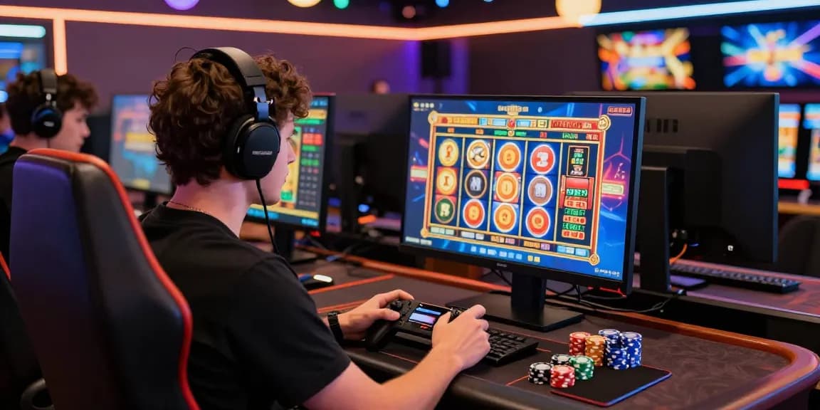 UK player enjoying online games at credit card casinos like https://fimltd.co.uk, vibrant interface with chips and excitement.