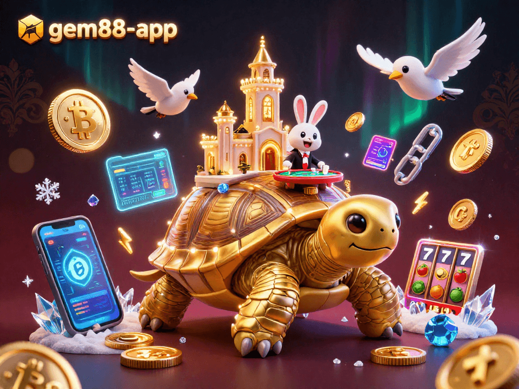Engage with the gem88-app in an exciting cartoon casino scene featuring a tortoise, dealer, and flying coins.
