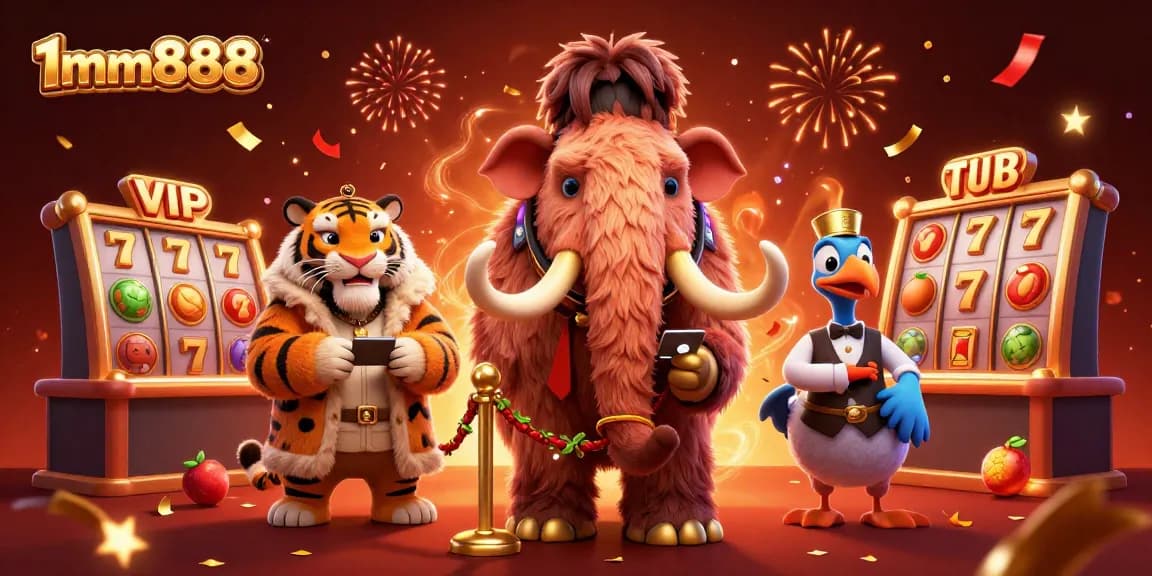 Experience exciting gaming moments with 1mm888 as cartoon characters welcome players in a vibrant casino.