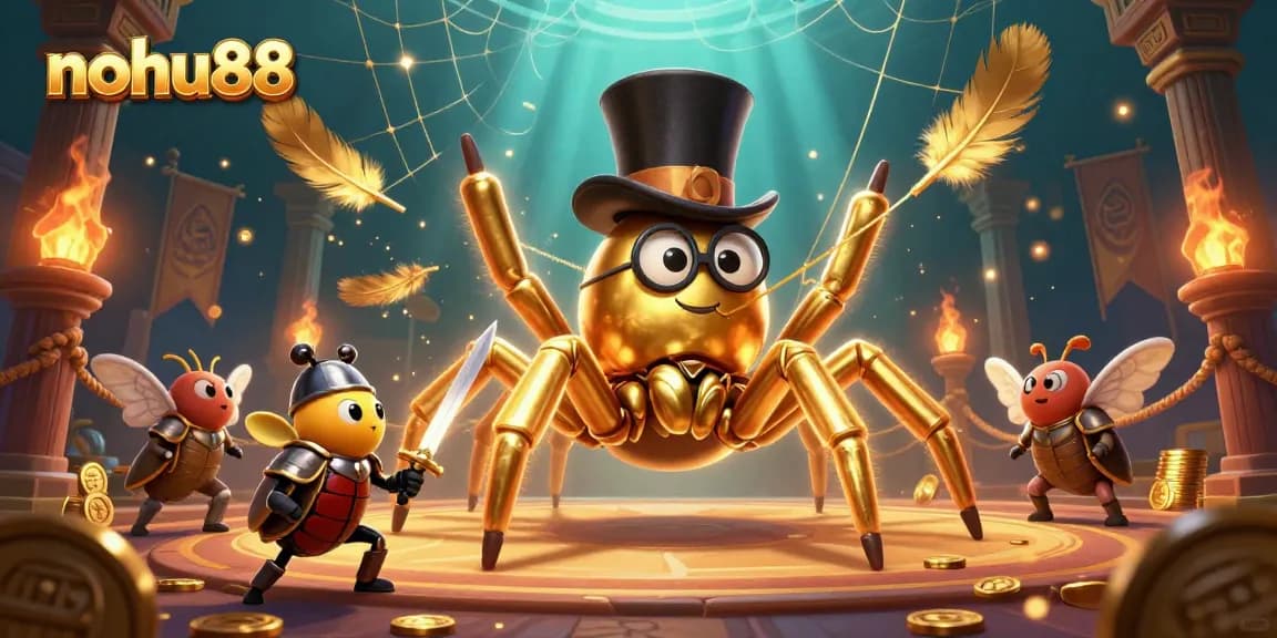 Experience thrilling adventures at nohu88 with a golden tarantula weaving webs in a vibrant casino.