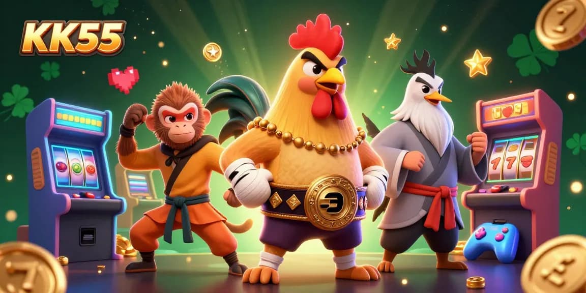 Engage in thrilling gameplay at KK55 with a vibrant 3D casino illustration featuring exciting characters and lively elements.