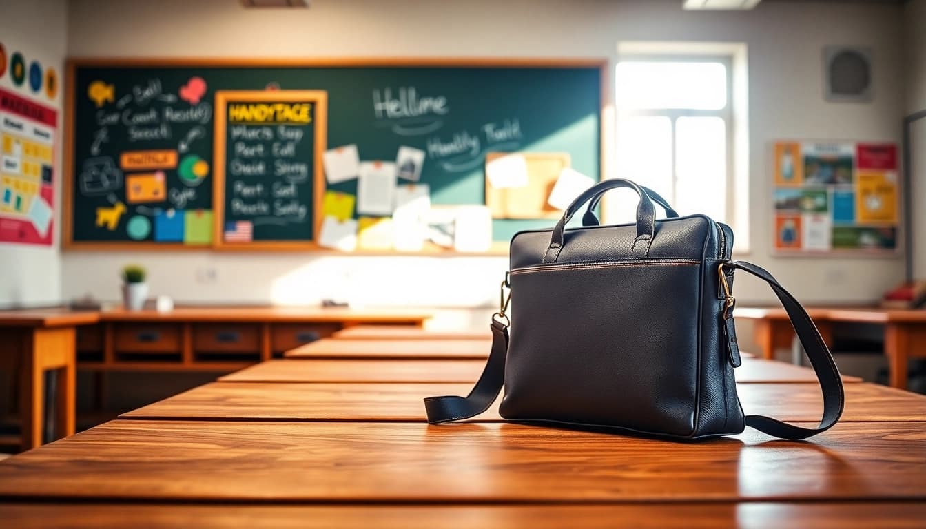 Handytasche Klassenzimmer auf einem Schreibtisch, umgeben von Schulmaterialien.