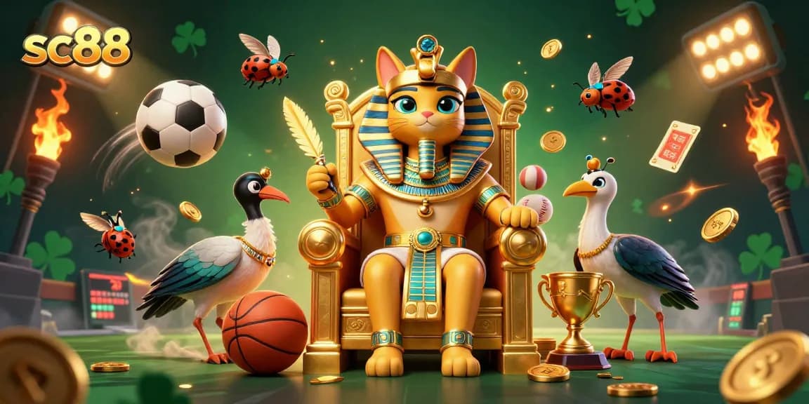 Engage with sc88 as Egyptian pharaoh cat celebrates sports betting with a vibrant casino scene.