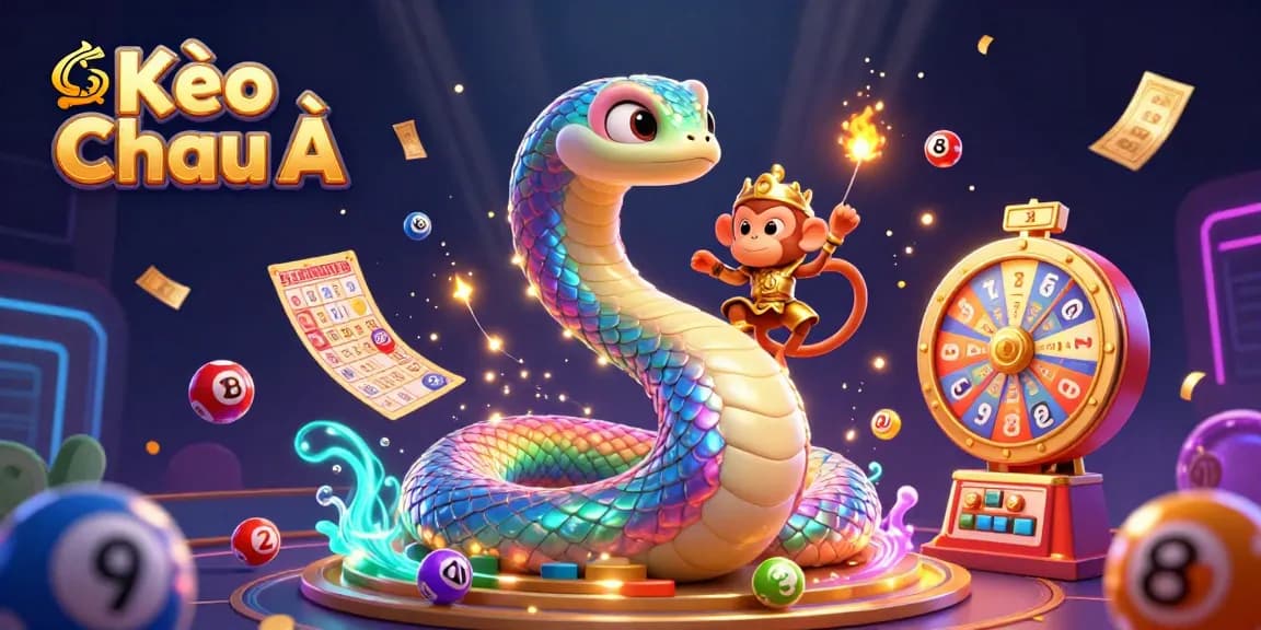 Kèo Châu Á illuminated with magical imagery, featuring vibrant lottery balls, golden cards, and dynamic gaming elements.