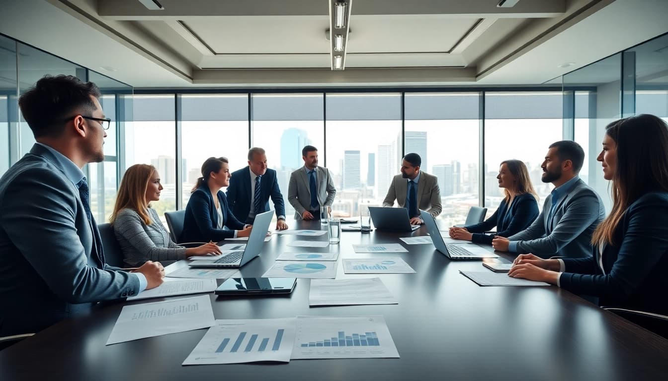 Business professionals discussing Federal and State contracts in a modern conference room.