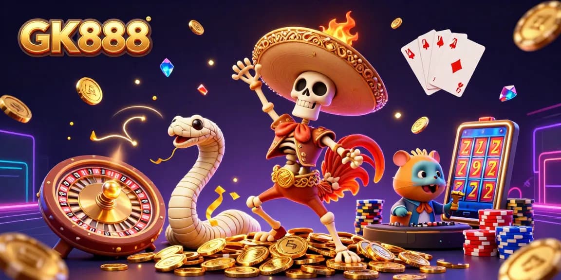 GK888 showcases a vibrant scene with a mariachi rooster, mummy snake, and DJ hamster celebrating around golden coins and casino elements.