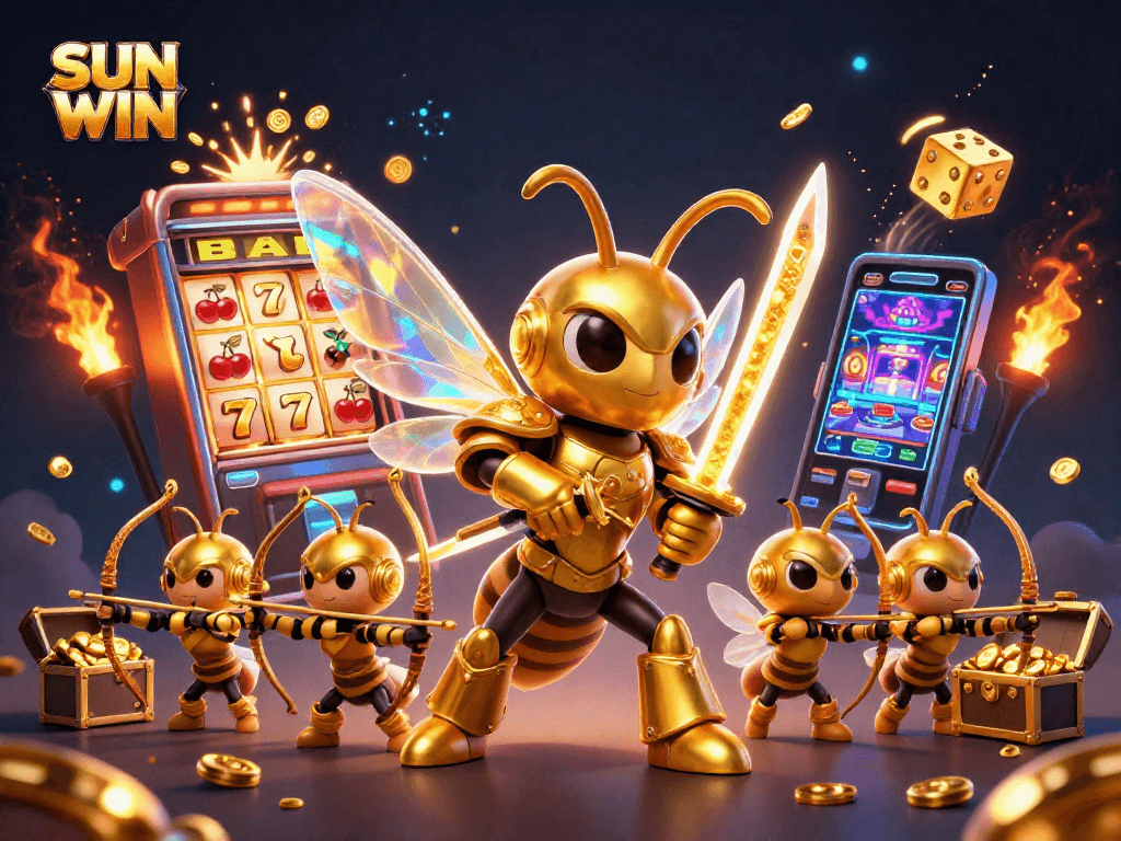 Chơi SUN WIN với các biểu tượng jackpot, máy đánh bạc, và nhân vật hoạt hình độc đáo trong bối cảnh huyền ảo