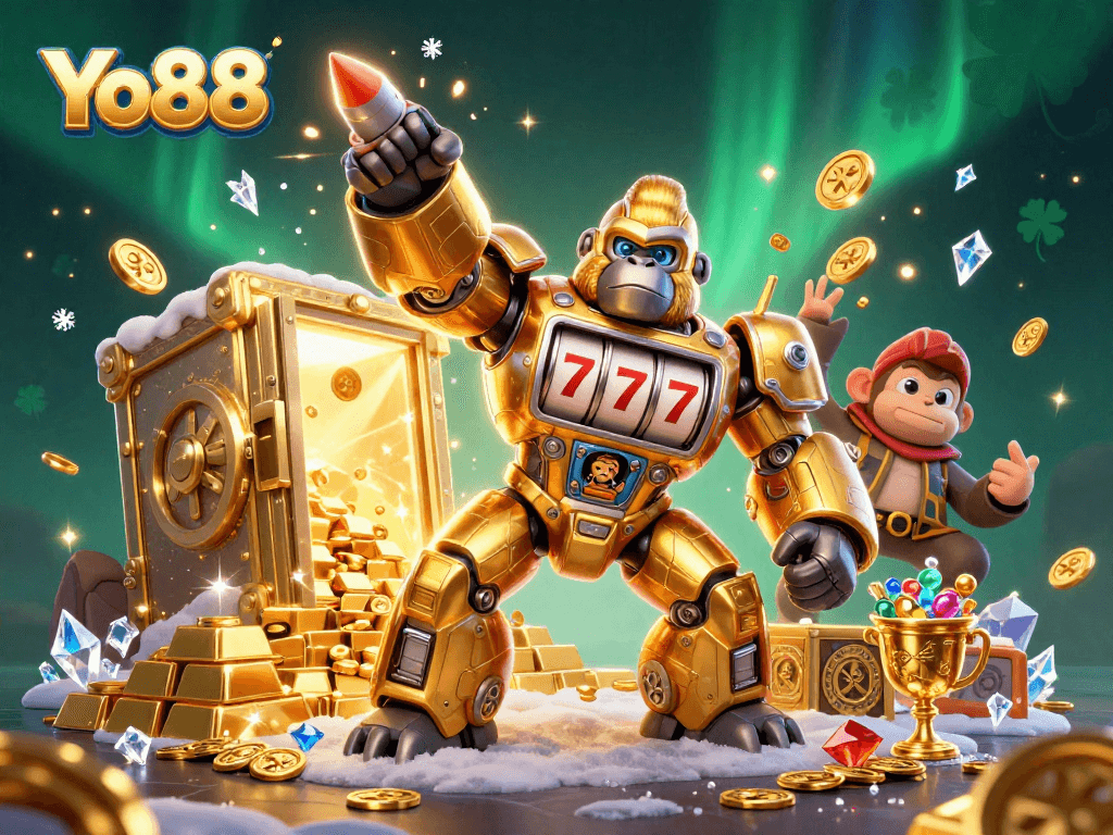 Experience exciting gameplay at Yo88 with a dynamic gorilla mech surrounded by treasure and casino elements