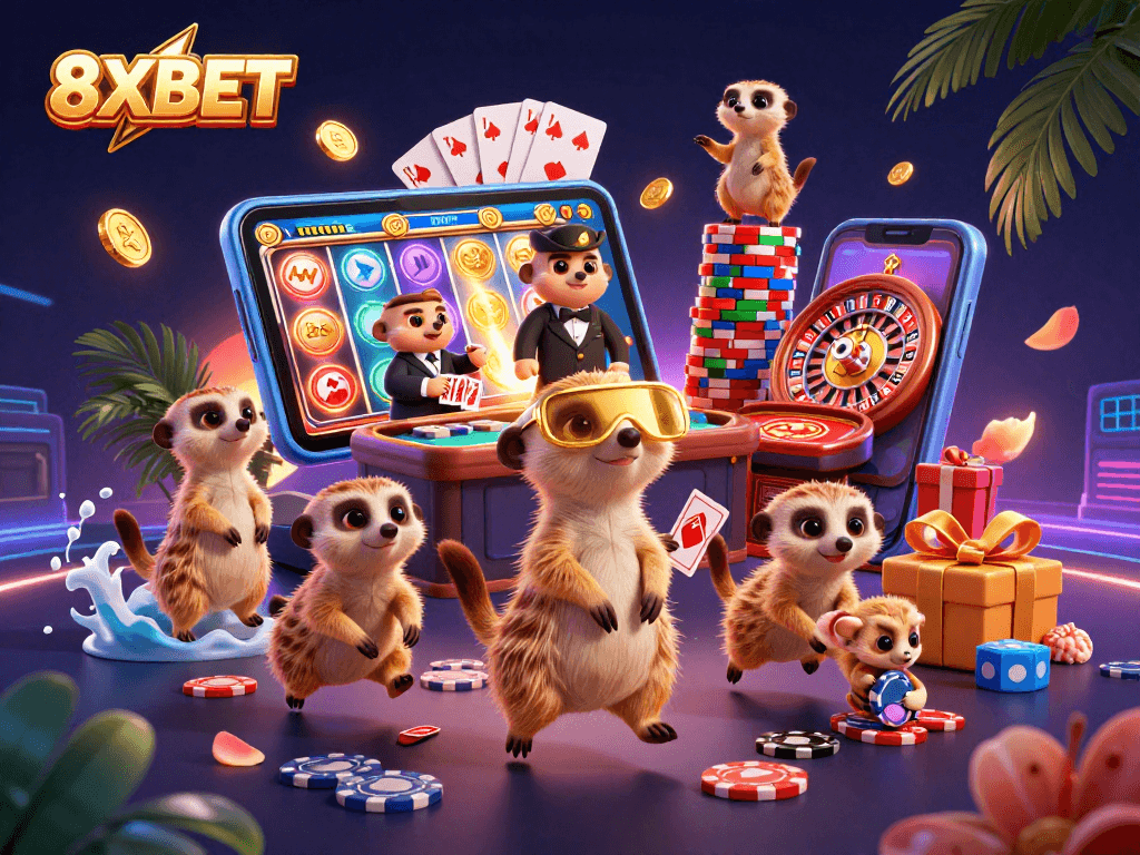 Experience the excitement of 8XBET with meerkats running a casino, surrounded by vibrant gaming elements.