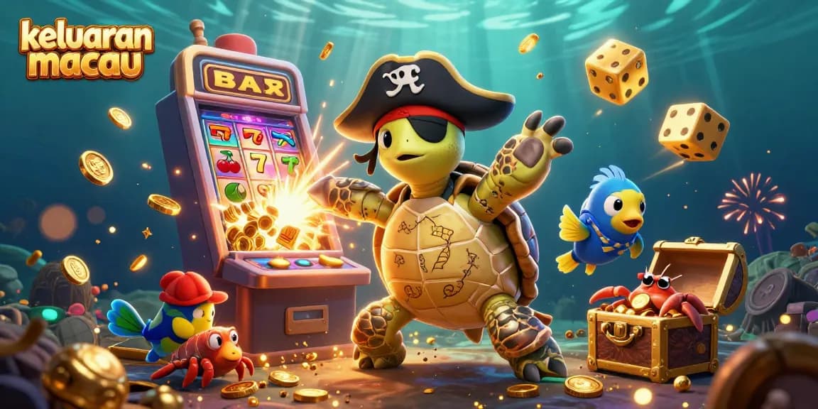 Experience thrilling keluaran macau excitement with pirate-themed characters amidst cascading slot machine jackpots.