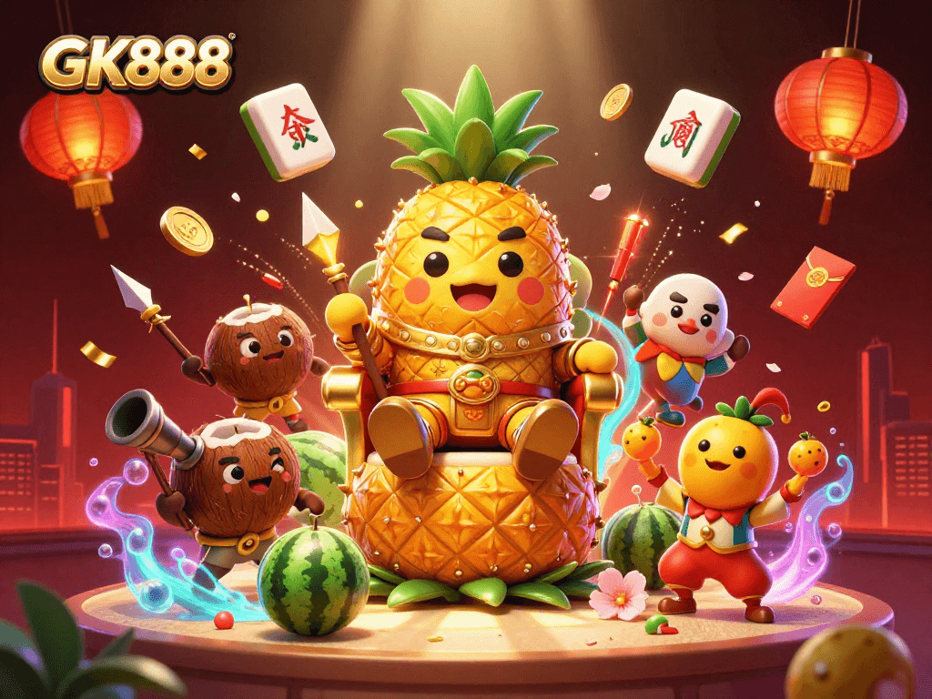 Spin to win with GK888 at the vibrant beach casino packed with festive characters and game elements.