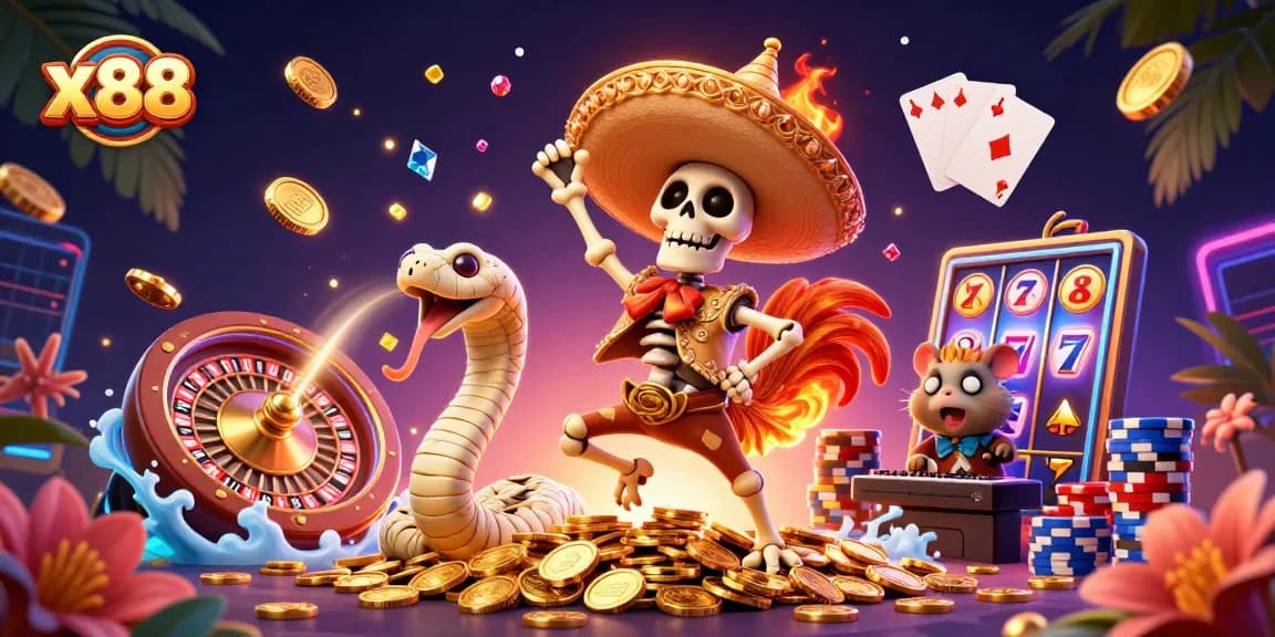 x88 players engaging with vibrant casino elements in a dynamic, colorful 3D scene.