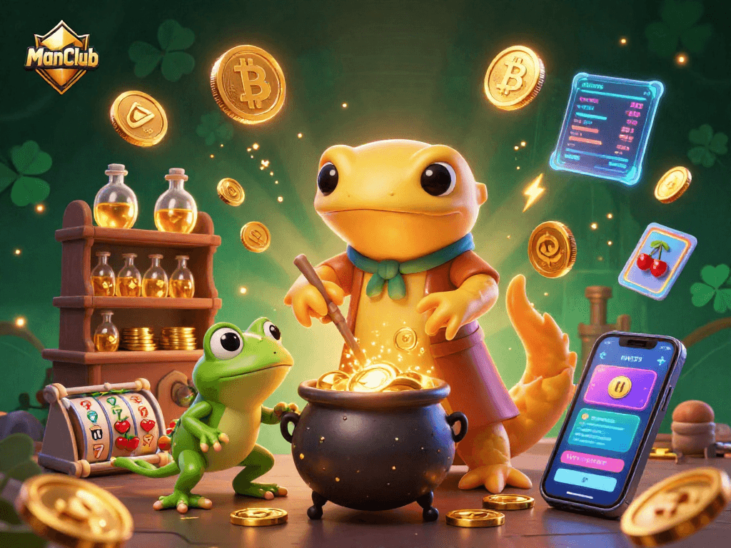 Experience thrilling wins at ManClub with a vibrant 3D casino illustration of charming characters and golden riches.