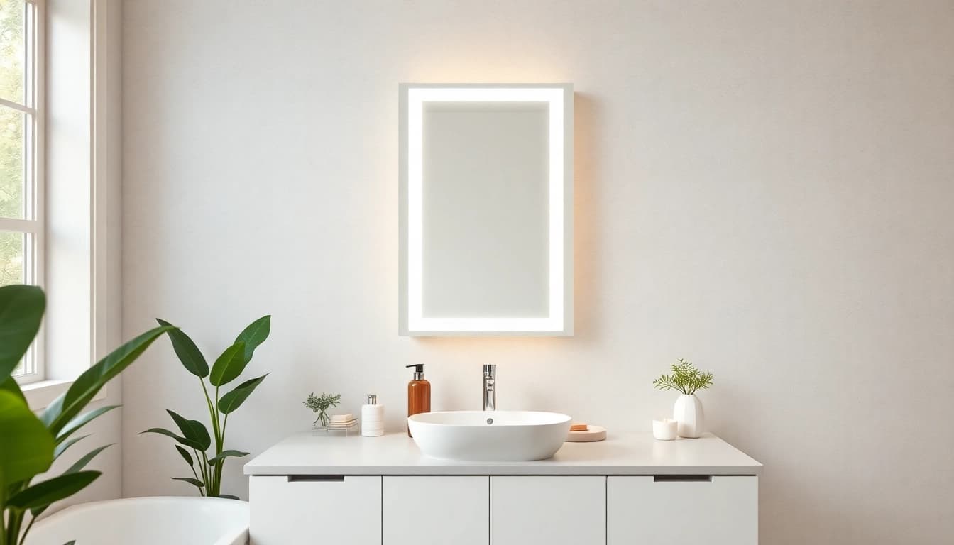 Modern mirror and led lights enhancing a stylish bathroom ambiance.
