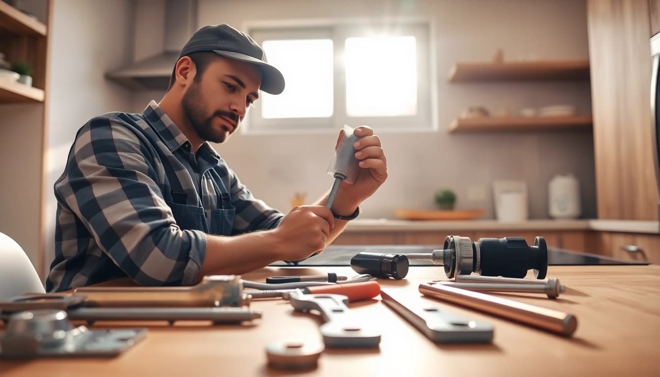 Find a reliable plumber near me fixing pipes in a bright kitchen setting.