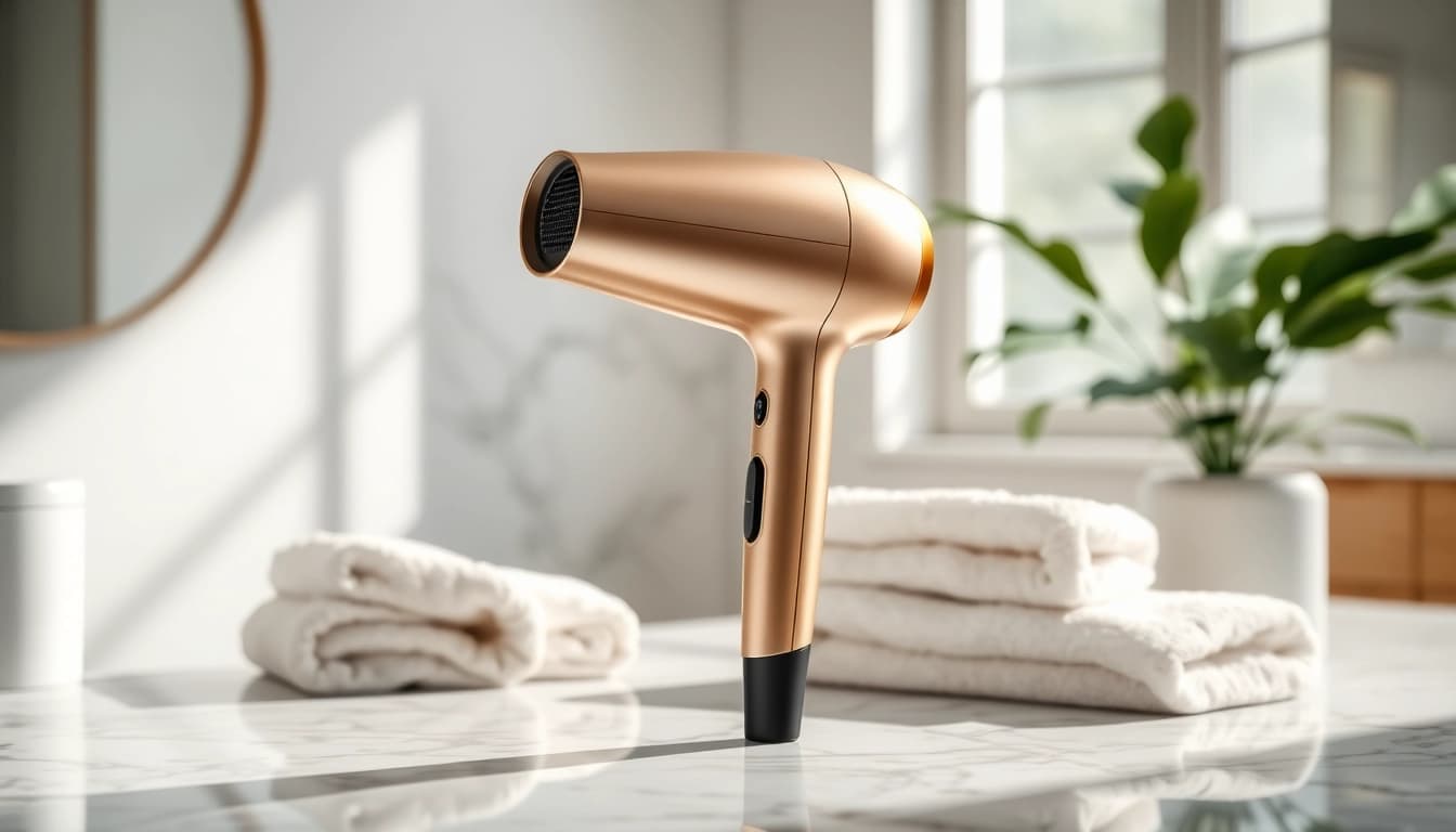 Ionic blow dryer elegantly displayed in a bright, modern bathroom setting, showcasing its sleek design.