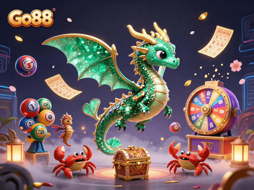 Experience thrilling gameplay with Go88's vibrant 3D illustration featuring dynamic lottery elements and a majestic sea dragon.