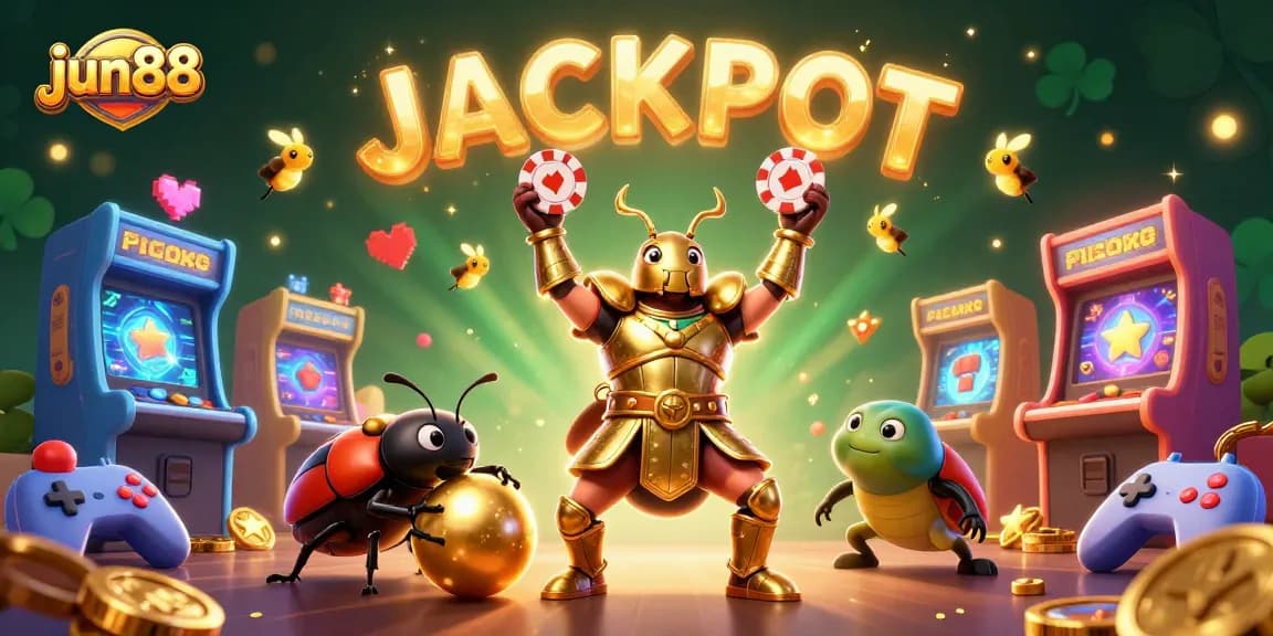 Engage with jun88's vibrant casino world, featuring a heroic beetle celebrating a jackpot.