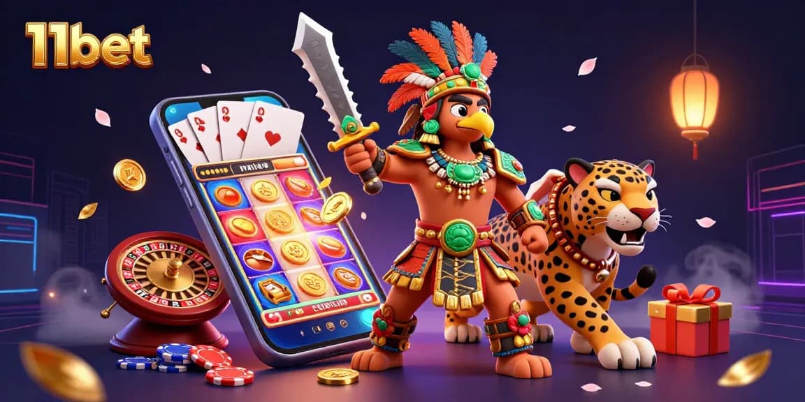 Engage with 11bet's vibrant slot game scene, featuring an Aztec warrior and rich casino elements.