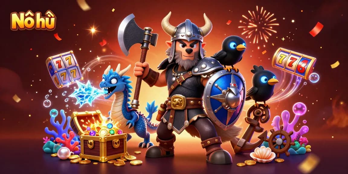 Nổ hũ jackpot scene featuring a Viking wolf warrior with a dragon and raven amidst a vibrant casino treasure display