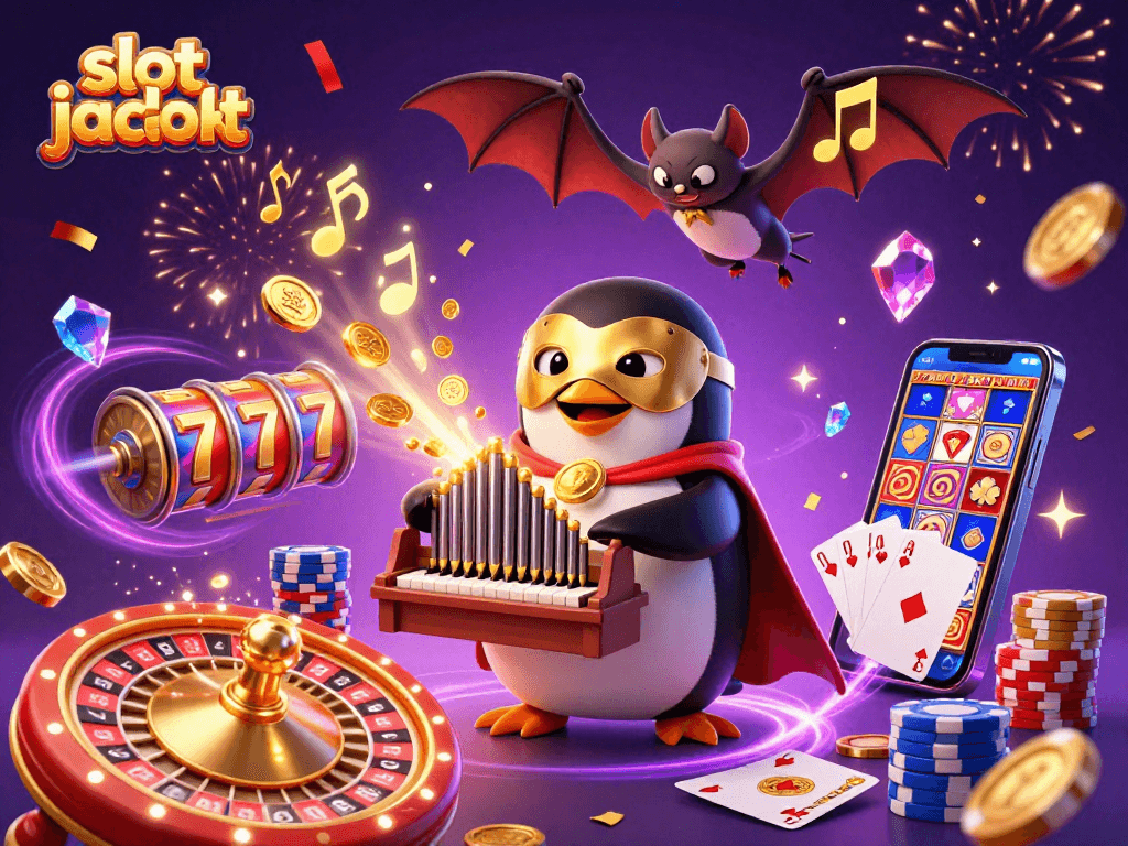 Experience slot jackpot thrills with a whimsical penguin organist and dazzling casino elements.