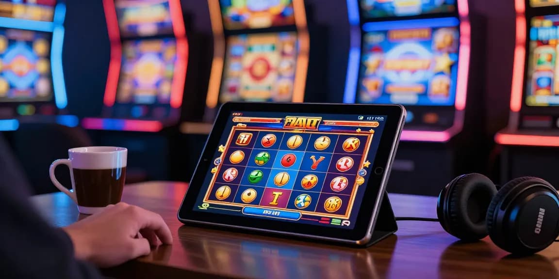 Engaging gameplay showcasing the slot88 apk on an Android tablet, amid vibrant slot machine graphics and a cozy gaming atmosphere.