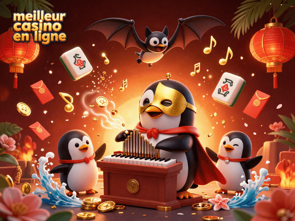 Illustration dynamique représentant le meilleur casino en ligne avec un pingouin fantôme et des éléments de jeu colorés.