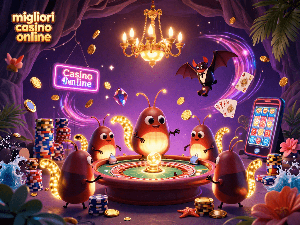 Scopri i migliori casino online in un'illustrazione vivace e colorata, ambiente di gioco emozionante.