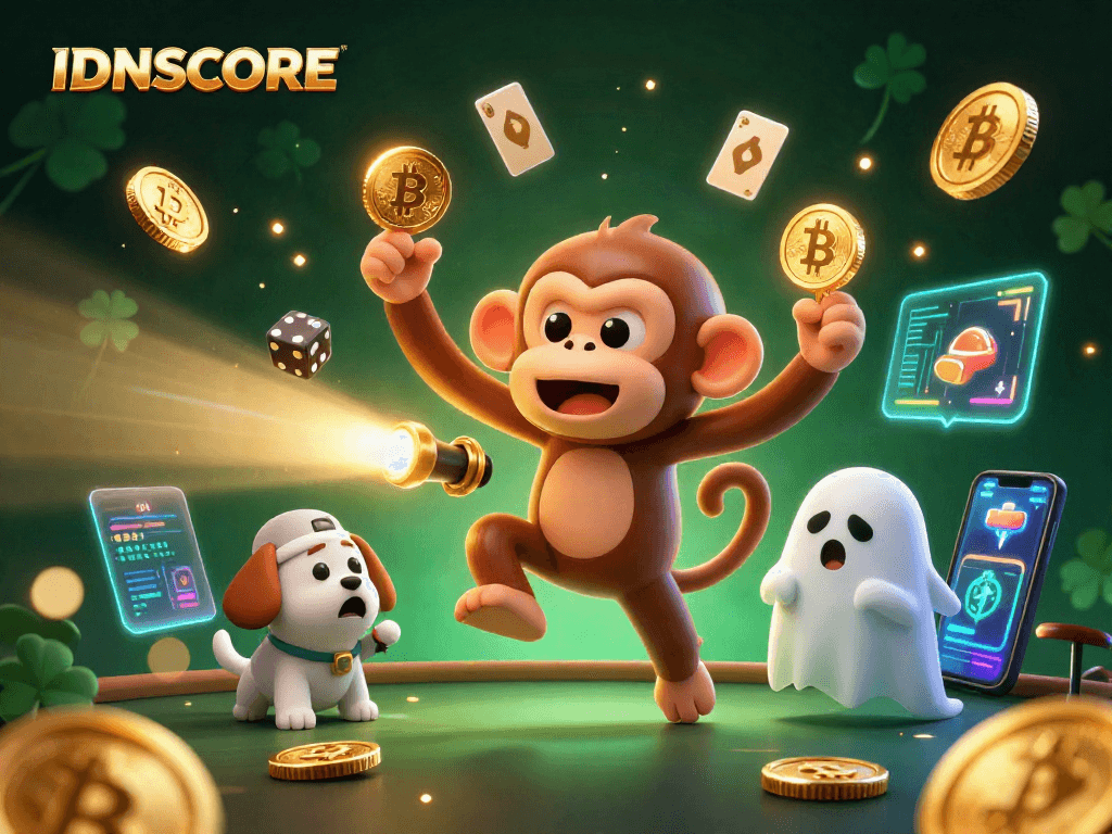 Engage with IDNSCORE's vibrant virtual casino scene featuring a playful poltergeist monkey juggling coins.