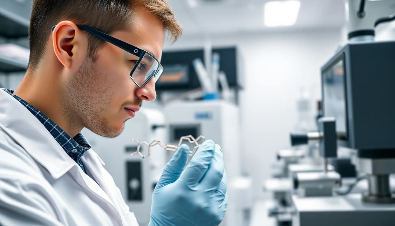 Scientist studying Peptides under bright lab lights, showcasing advanced research techniques.