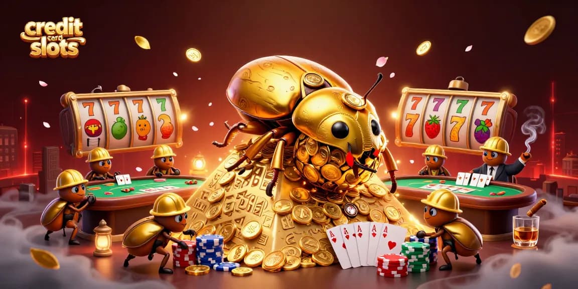 Engage with dynamic credit card slots scene featuring golden beetles and casino symbols.