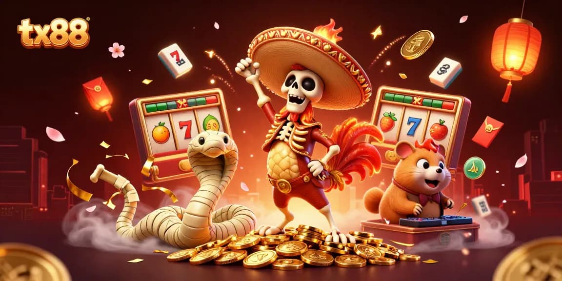 tx88 celebrates with a vibrant 3D illustration of a mariachi rooster, lucky symbols, and dynamic energy.