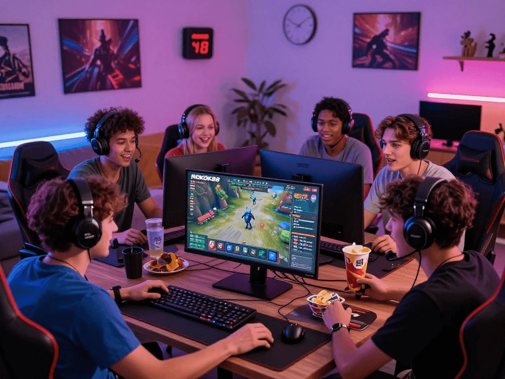 Dynamic group playing rokok88 slot login with excitement in a cozy gaming setup.