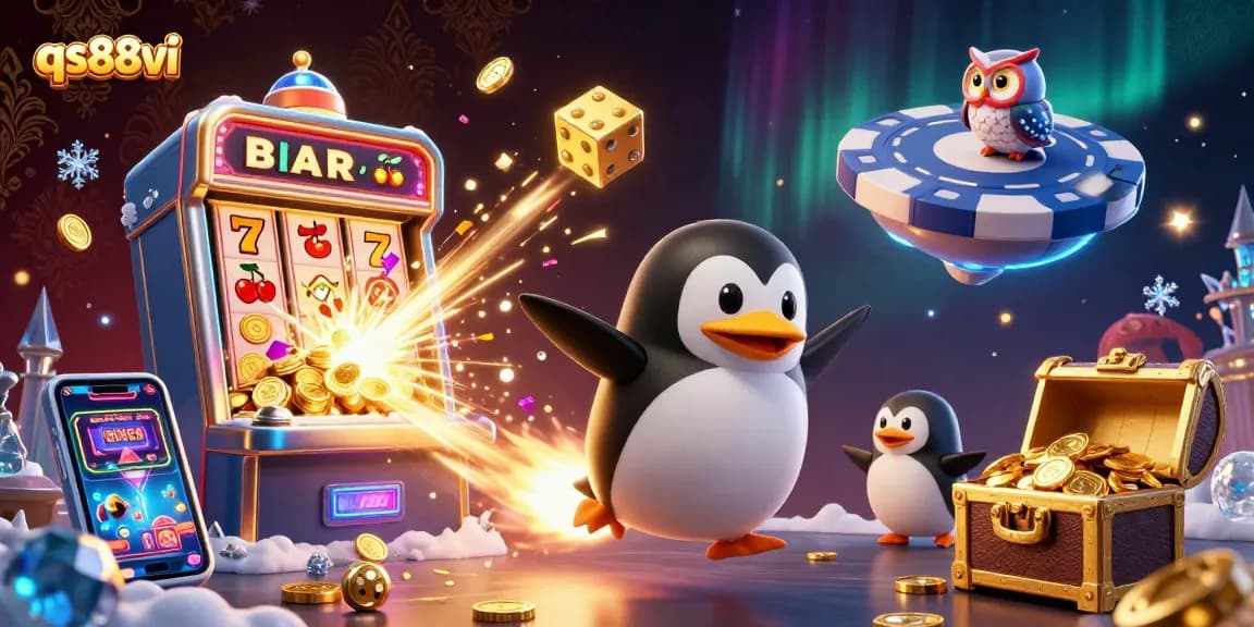Experience qs88vi excitement with a golden penguin soaring toward a casino space station for epic wins!