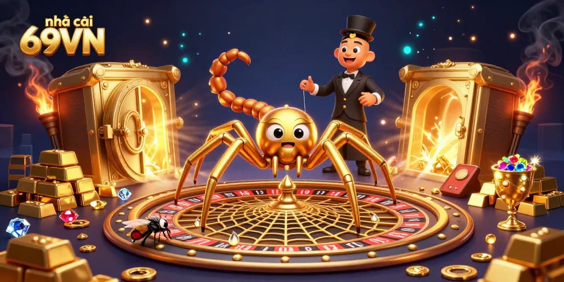 The golden spider at nhà cái 69VN spins a roulette wheel web as a nervous fly bets, illustrating casino excitement.