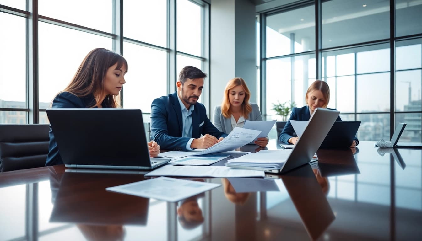 Team of consultants discussing Federal and State contracts in a bright office setting.